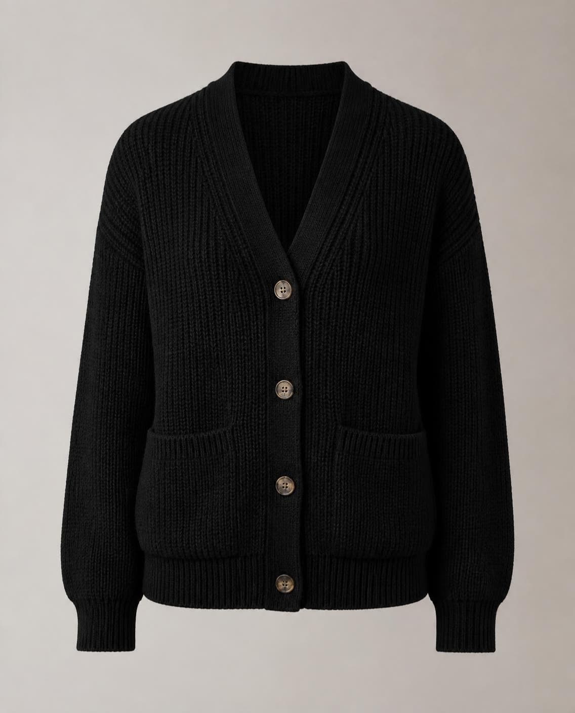 A black chunky knit cardigan (a generated photo)