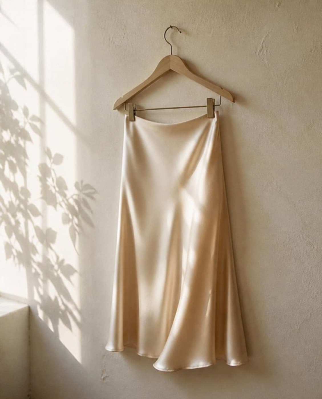A champagne satin midi skirt hanging on a wall (a generated photo)