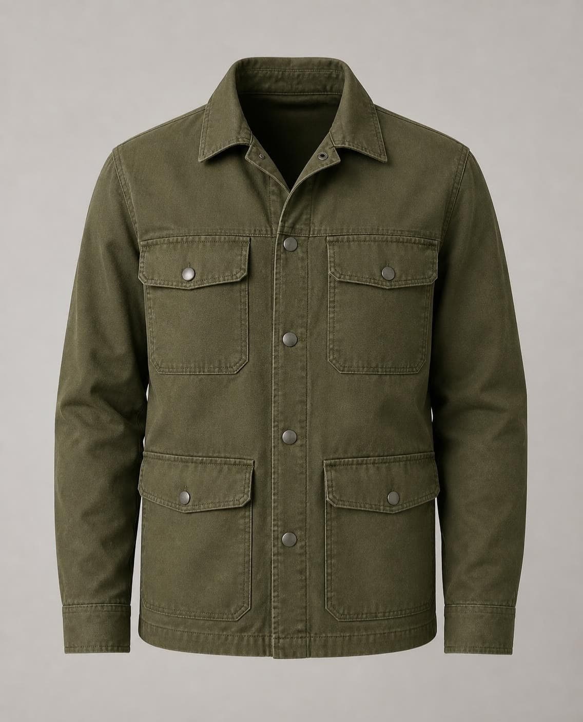 An olive four-pocket field jacket (a generated photo)